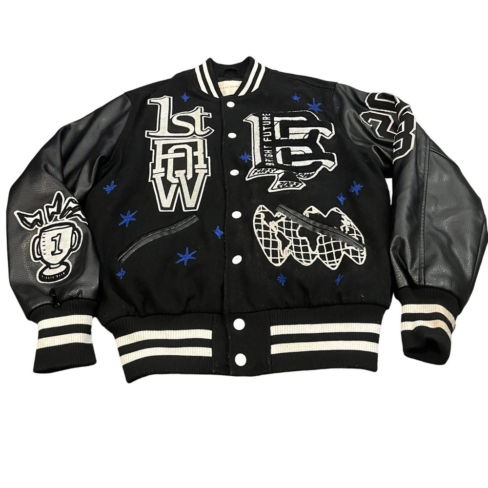 First Row Varsity Jacket Small‎ Black Wool Faux Leather Patchwork Bright Future